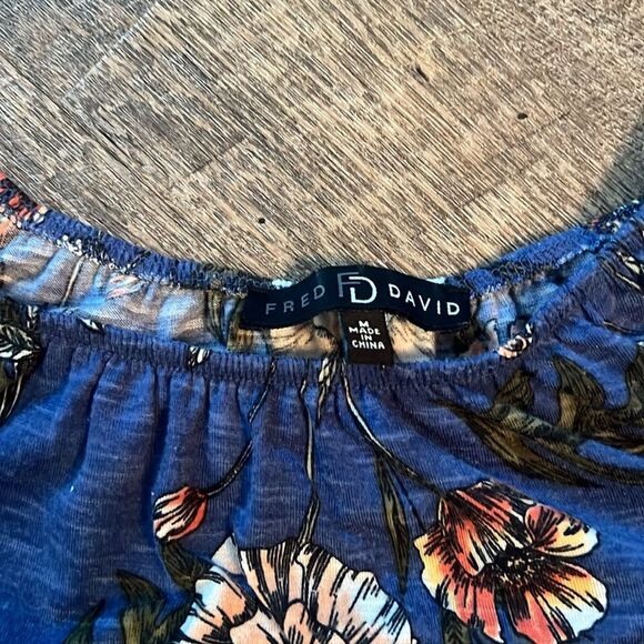 Fred David Floral Stripe Ruffle Hem Bell Sleeve Top Blue Off-Shoulder M Cute - Picture 6 of 8